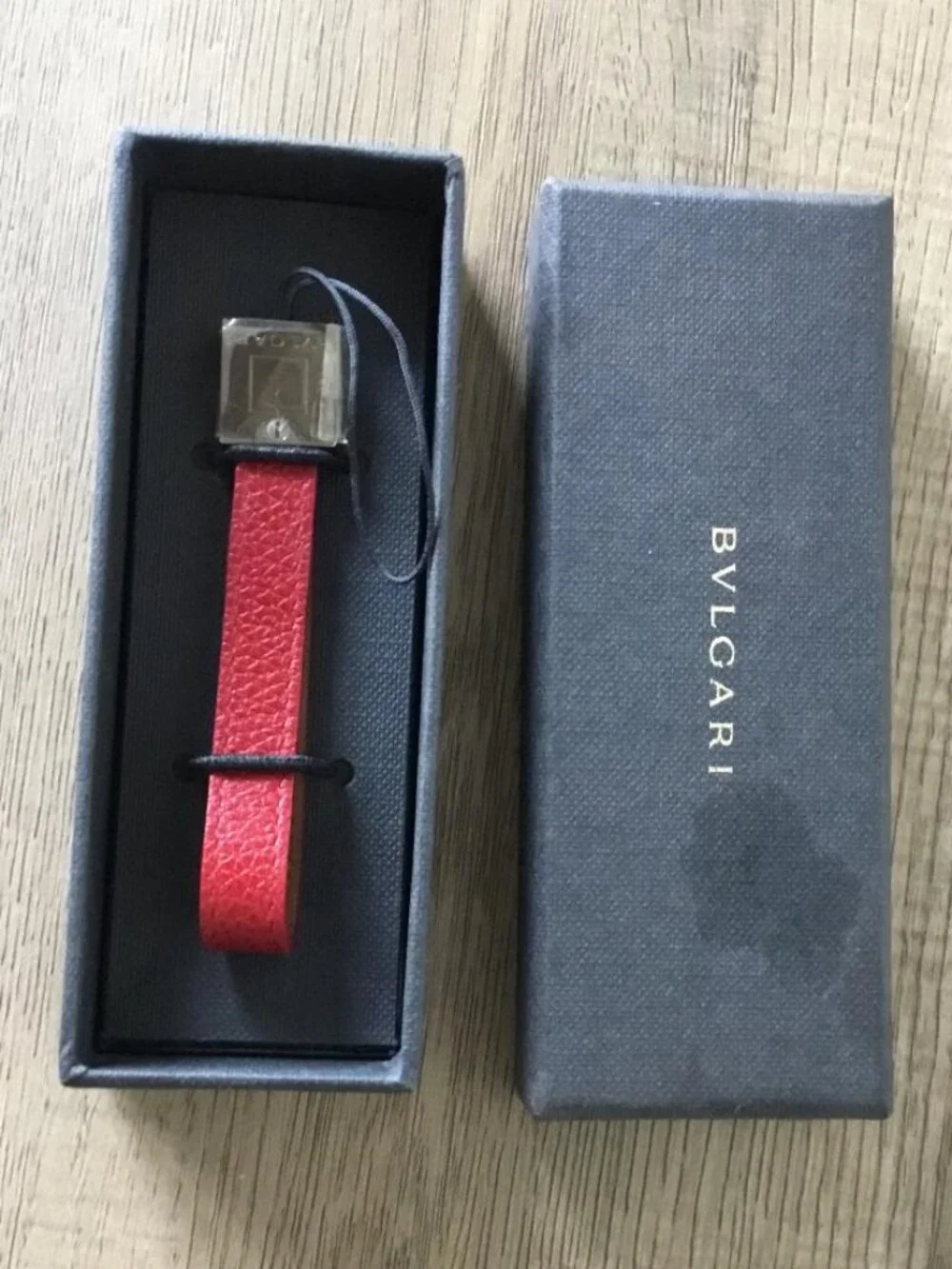 Bvlgari Red Leather Bag Charm Mobile Phone Strap Silver Tone Square Pendant NIB
